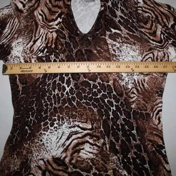 Alberto Makali Sz M Brown White Beaded V Neck Animal Print Viscose Spandex Top - Picture 9 of 16